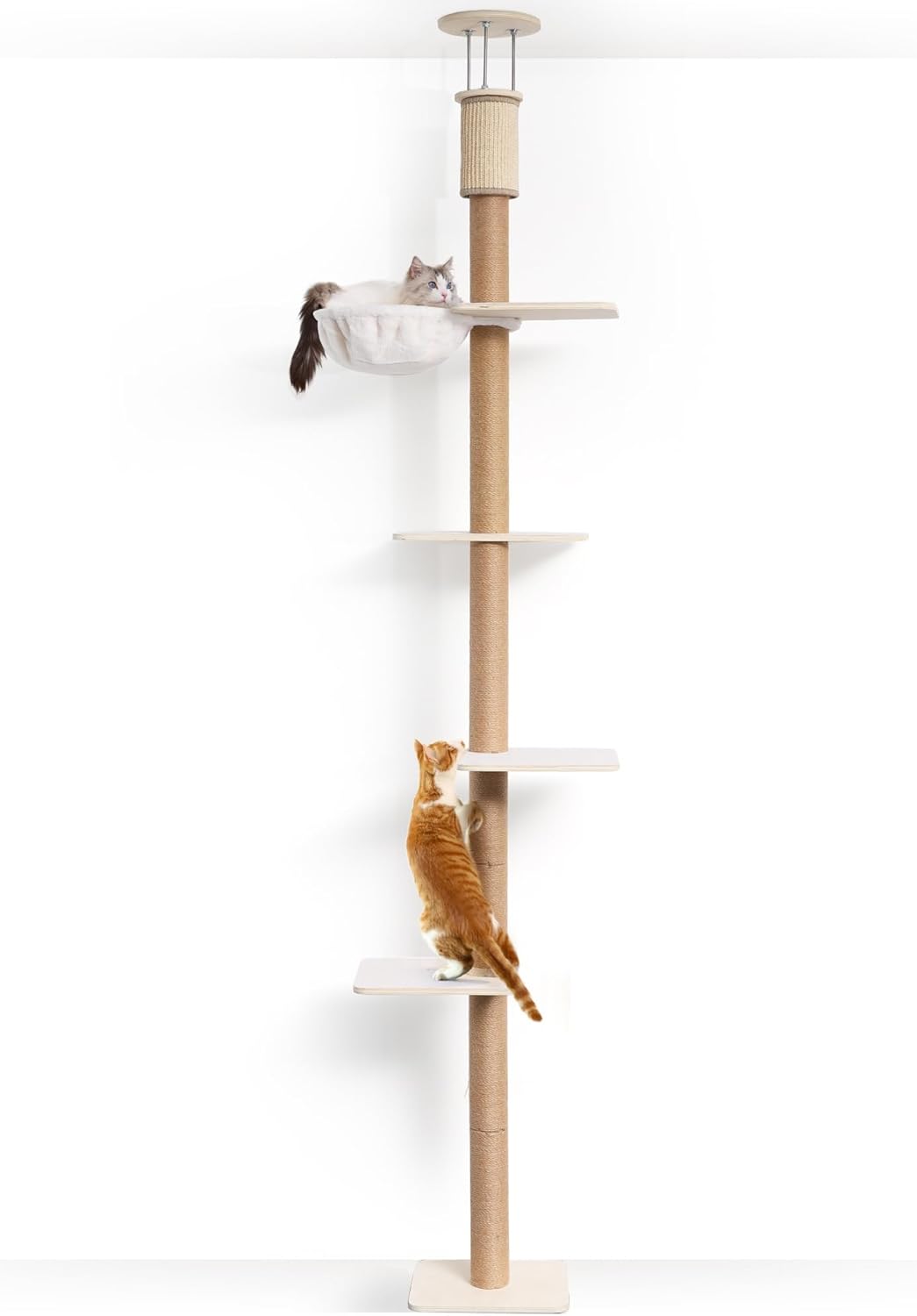 Wall-Mounted Cat Tree, Adjustable Height (81-107 Inches) Floor to Ceiling Cats Tower with Scratching Post, Sturdy Cats Activity Center with Cozy Hammock