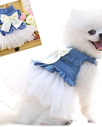 Blue Denim Dog Drs for Small Dog Girl Spring Summer Puppy Clothes Fancy Dress for Dogs Cat White Lace Pet Tutu Outfit for Birthday Wedding Valentine(Large)