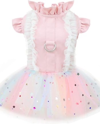 Dog Harness Dress - Pink Cute Rainbow Tutu Princess Summer Puppy Dress for Small Dogs Girl Cat Clothes - Shih Tzu Chihuahua