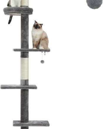 Cat Tower 5-Tier Floor to Ceiling Cat Tree Height(95-107 Inches) Adjustable, Tall Climbing Tree Featuring with Scratching Post, Cozy Bed,Interactive Ball Toy for Indoor Cats/Kitten Grey