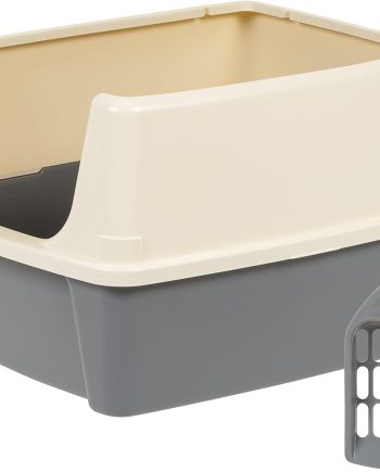 Large Cat Litter Box with High Sides, Open Top, Includes Scoop, 19 x 15 x 11.75 inches, Grey/Beige