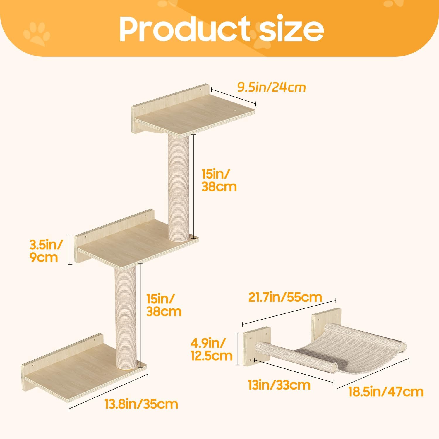 Cat Wall Shelves, Wooden Cat Wall Furniture with Condo, Scratching Post with 3 Steps, Hammock, Wall-Mounted Furniture for Kittens
