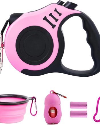 Retractable Dog Leash Lightweight 16FT Leash, with Folding Bowl,Dispenser,Waste Bags, for Small Medium Dogs(Pink)
