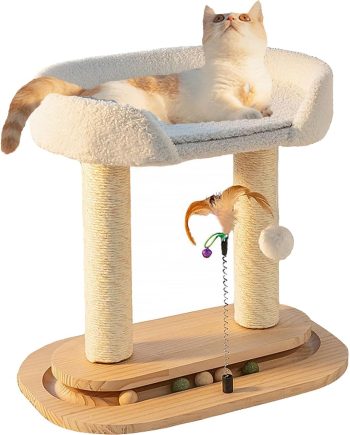 5-in-1 Small Wooden Cat Tree Tower,16.34" Lx11.81 Wx16.54 H,Natural Sisal Cat Scratching Post with Bed for Indoor Cats,Interactive Cat Feather Toy,Ball Track Toy for Kittens and Cats,White