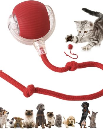 Interactive Electric Automatic Rolling Moving Rechargeable Self Play Stimulation Toy,Smart Pet Chase Ball with Speedy Tail Rope for Bored Indoor Cats enrichment,stimulating Dogs toy Small dogs (Red)