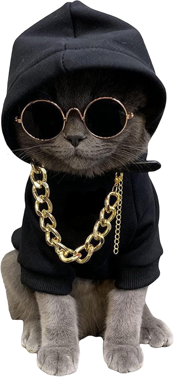 3Pcs Dog Hoodie Cat Apparel Dog Custume Set with Necklace and Sunglasses Pet Clothes for Puppy Small Medium Dogs Cats Multicolor S