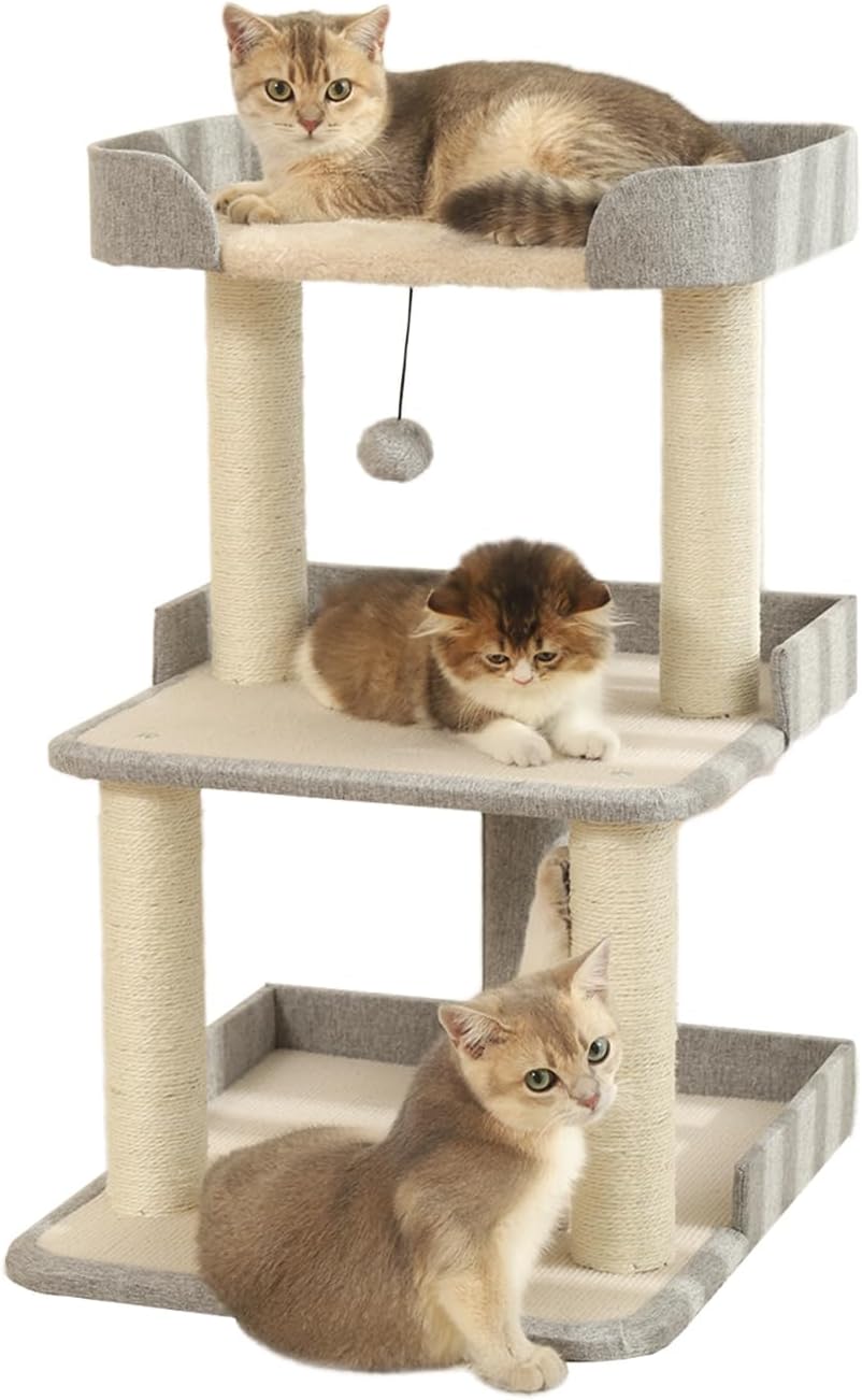 Durable Cat Scratching Post with Bed, Multi-Level 27.56in Cat Tree with Scratching Posts of Natural Sisal, All-Season Cat Tree for Indoor Large Cats, Kittens (Grey)