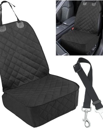 Dog Car Front Seat Cover with Side Flaps, Waterproof & Scratch Proof Car Seat Protector for Dog, Nonslip Pet Car Seat Pad with Safety Belt, Fit for Most Cars SUVs Trucks Jeeps (Black)