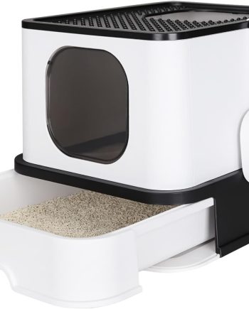 Cat Litter Box, Foldable Cat Box with Drawer, Large Capacity Litter Box with Lid, Top Opening Litter Pan for Small to Big Cats (Black)