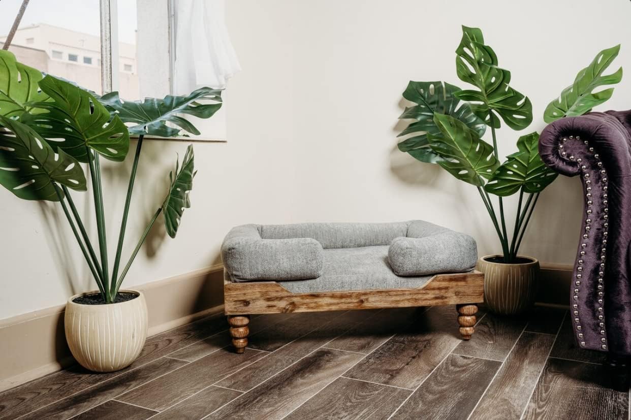 Large Washed Oak Dog Bed - Farm House Style - for Dogs 50 lbs and Under - Orthopedic Memory Foam - Carved Wooden Legs - Luxury Pet Sofa