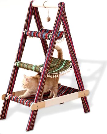 3-Tier Modern Boho Style A Frame Wooden Cat Tree Tower Ladder with Multi-Level Bed Hammock for Large Cat and Sctatching Post, Hanging Toy Ball (Boho)