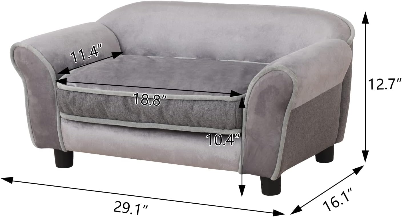 Small Dog Sofa Bed, Velvet Cat Bed Couch,Pet Sofa with Washable Cushion & Plastic Legs (29 x 16 x 12.7 inches (Gray)