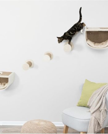 Wall Mount Cat Furniture - 5pc Cat Wall Scratcher, Climbing Shelves - 2 Condos and 3 Elevated Steps Covered in Sisal Rug & Plush - Brown