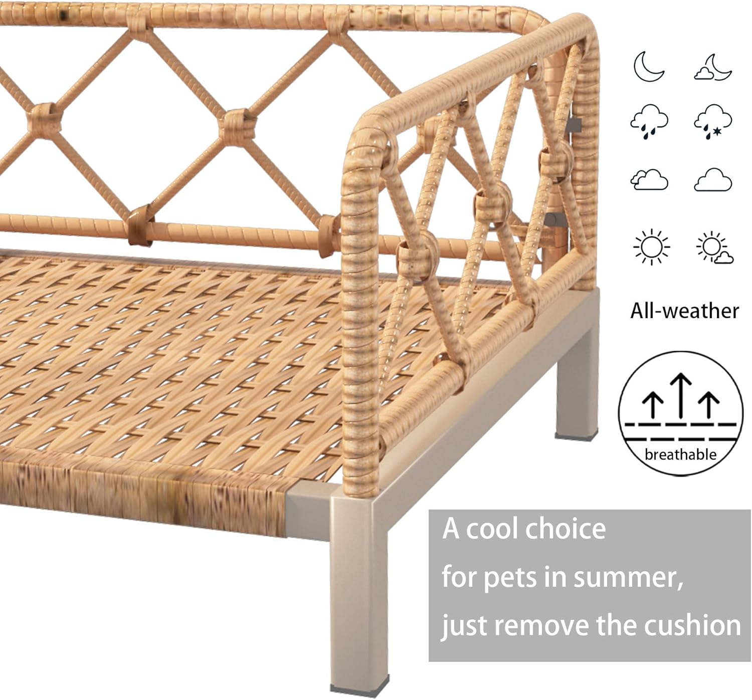 Wicker Dog Bed with 2" Cushion,Rattan Dog Sofa Bed for Small Medium Dogs?C Indoor/Outdoor Metal Frame Pet Bed up 66lbs (Brown Rattan Brown Cushion)