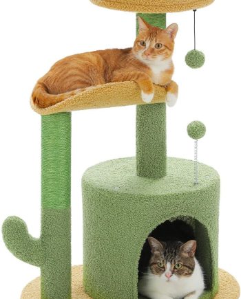 Cactus Cat Tree Small Cat Tower 32?? Cat Scratching Post with Curved Perch, Cozy Cat Condo, Removable Padded Top Bed for Kittens and Indoor Cats-Green