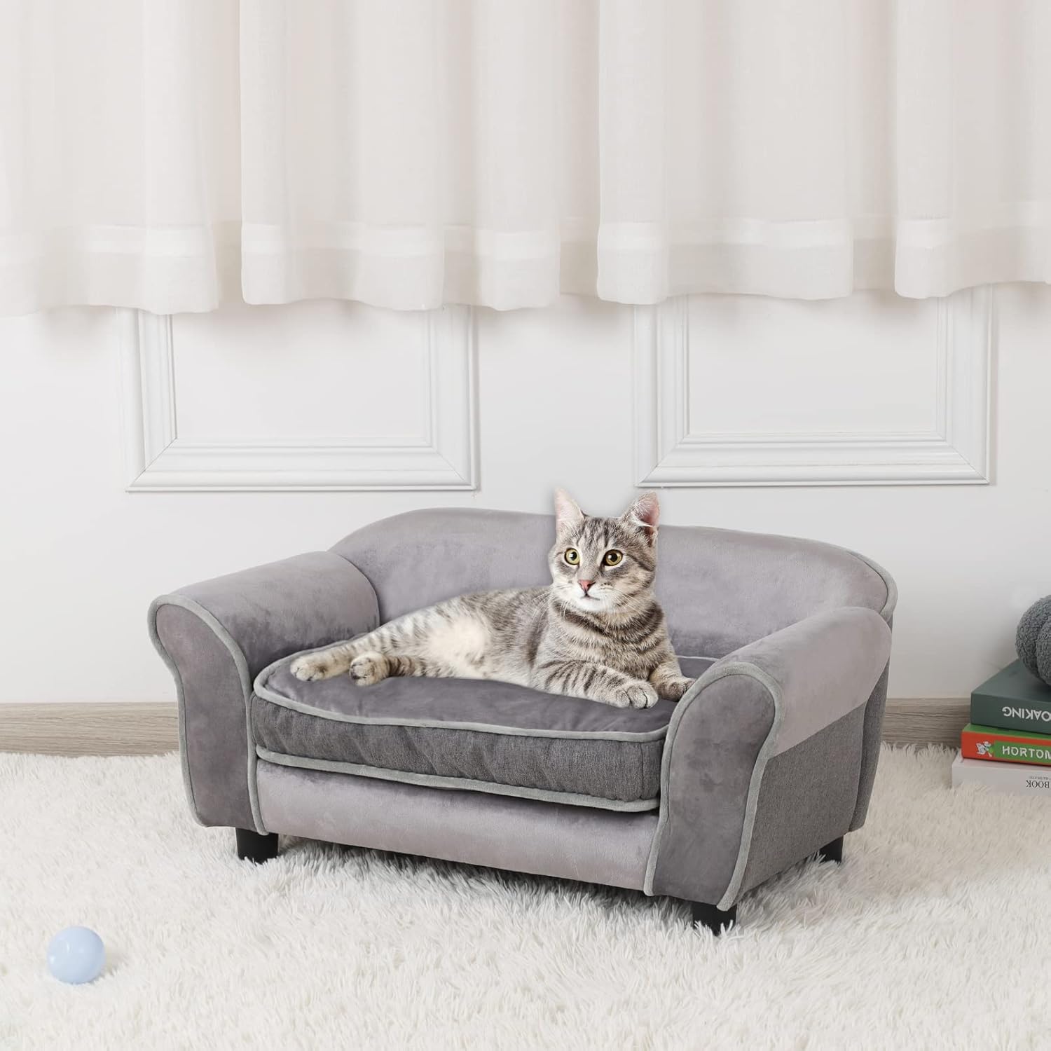 Small Dog Sofa Bed, Velvet Cat Bed Couch,Pet Sofa with Washable Cushion & Plastic Legs (29 x 16 x 12.7 inches (Gray)