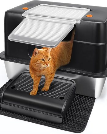 Stainless Steel Litter Box, XL Side Entry Extra Large Litter Box with Lid for Big Cats & Kitty, Removable Enclosed Metal Cat Pan with High Sided Enclosure, Scoop, Mat, Footboard (Black)