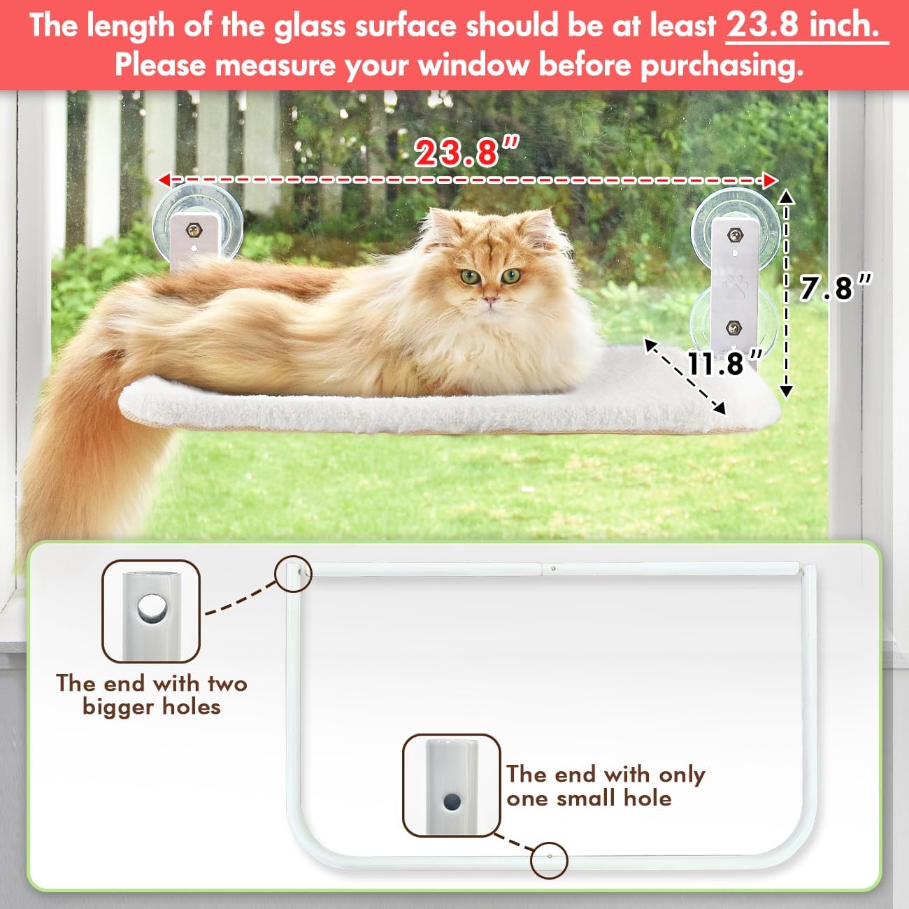 Cordless Cat Window Perch, Cat Hammock for Wall with 4 Strong Suction Cups, Solid Metal Frame and Reversible Cover, Foldable Cat Beds for Indoor Cats (Medium-White)