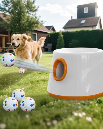 Automatic Ball Launcher for Dogs - Dog Ball Thrower Launcher with 3 Etpu Sphere, 3 Adjustable Distances (20ft/33ft/46ft), Interactive Thrower Machine, Mental Stimulation Dog Toys