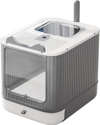 Upgraded Fully Enclosed Cat Litter Box with Lid, Covered Cat Box Enclosure, Anti-Splashing Easy to Clean Kitty Litter Boxes with Drawer, 3 Modes can Use from Kitten to Adult(White&Grey)