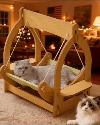 2 in 1 Wooden Cat Hammock, Comfortable and Breathable Hanging Cat Bed with Soft Mattress and Pillow??Suitable for Cats or Small Dogs