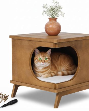 Modern Wooden Cat Bed End Table for Indoor Cats ?C 15.7"x15.3"x15.7" Cat House Side Table with Cushion ?C Stylish Nightstand Cat Condo for Bedroom or Living Room ?C Compact Pet Hideaway Furniture