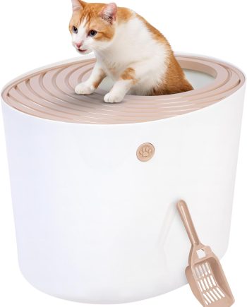 Cat Litter Box, Large Top Entry with Litter Catching Lid and Scoop, Dog Proof, Cat Box Enclosure, Beige/White