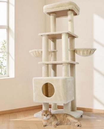 65in Heavy Duty Cat Tree Tower for Large Cats, Multi-Level Cat Furniture with Replaceable Sisal Scratching Post, Hammock | Extra-Large Platform & Condo (Beige)