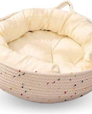 Cat Bed for Indoor Cats ?C Round Washable Basket with Soft Cushion & Scratchable Sides, Cozy Woven Kitten Bed, 17.7?? x 5.9??