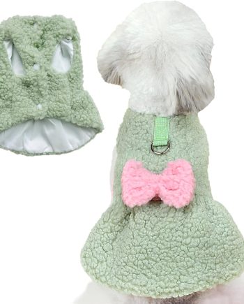 Dog Sweater Dress with Bow Tie Winter Warm Puppy Clothes for Small Dogs D-Ring Leash Pet Clothing Outfits Su??ter para Perros (Large, Green)