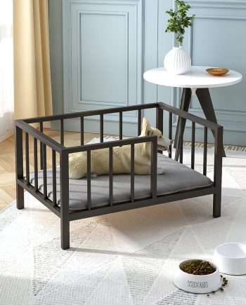 Dog Bed with Rails - Elevated Pet Metal Bed Frame with Solid Wood Board and Washable Soft Mat for Small Dog Indoor or Outdoor Use, 21.3" x 30", Black