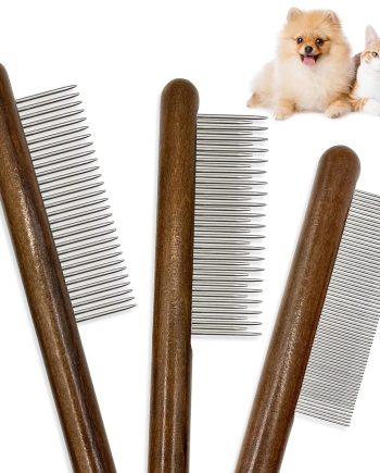 3 Pack Solid Wood Cat Combs, Stainless Steel Teeth for Cat Dog Rabbit Massage, Flea Lice Comb Removes Mats, Tangles and Loose Fur, Grooming Comb for Small Medium Pets