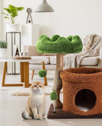 Small Cat Tree for Indoor Cats Large Adult, Cats Climbing Tower with Scratching Post, Cat Condo, Green Wood Cats Tree, Flower Cat Trees, Modern Cute Cat Tree with Dangling Ball (Mnit Green)