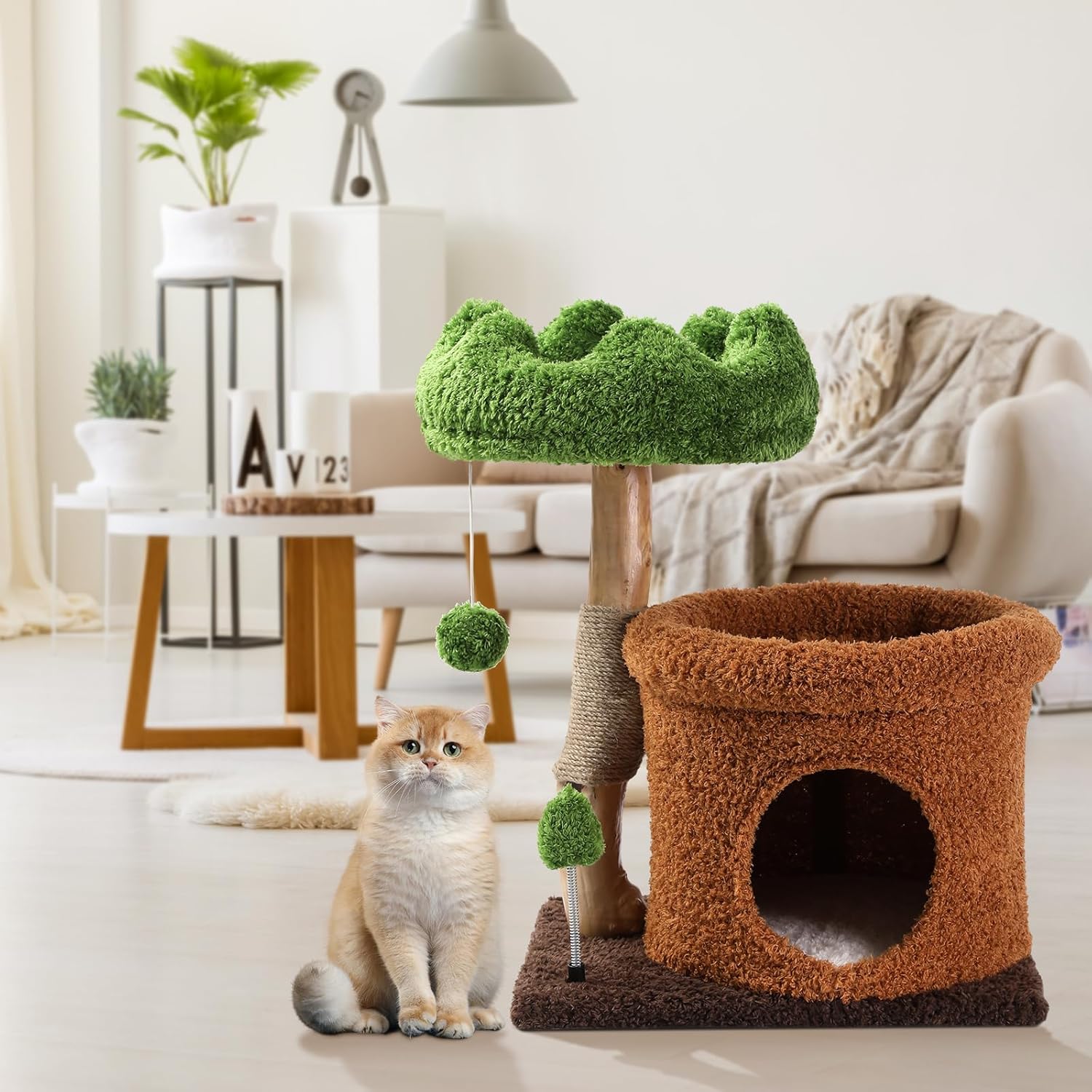 Small Cat Tree for Indoor Cats Large Adult, Cats Climbing Tower with Scratching Post, Cat Condo, Green Wood Cats Tree, Flower Cat Trees, Modern Cute Cat Tree with Dangling Ball (Mnit Green)