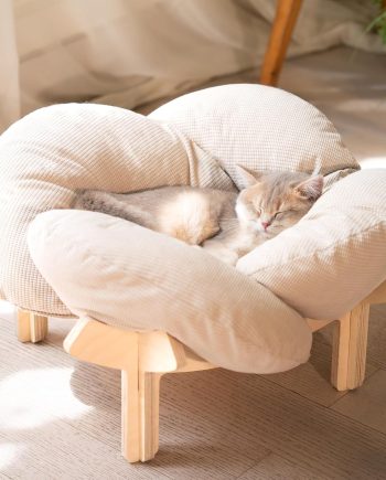 Elevated Cat Bed Wooden with Cushion Fluffy Pet Couch Sofa for Indoor Cats Raised Kitty Lounge Chair Suitable for Puppy, Cat Furniture(White)