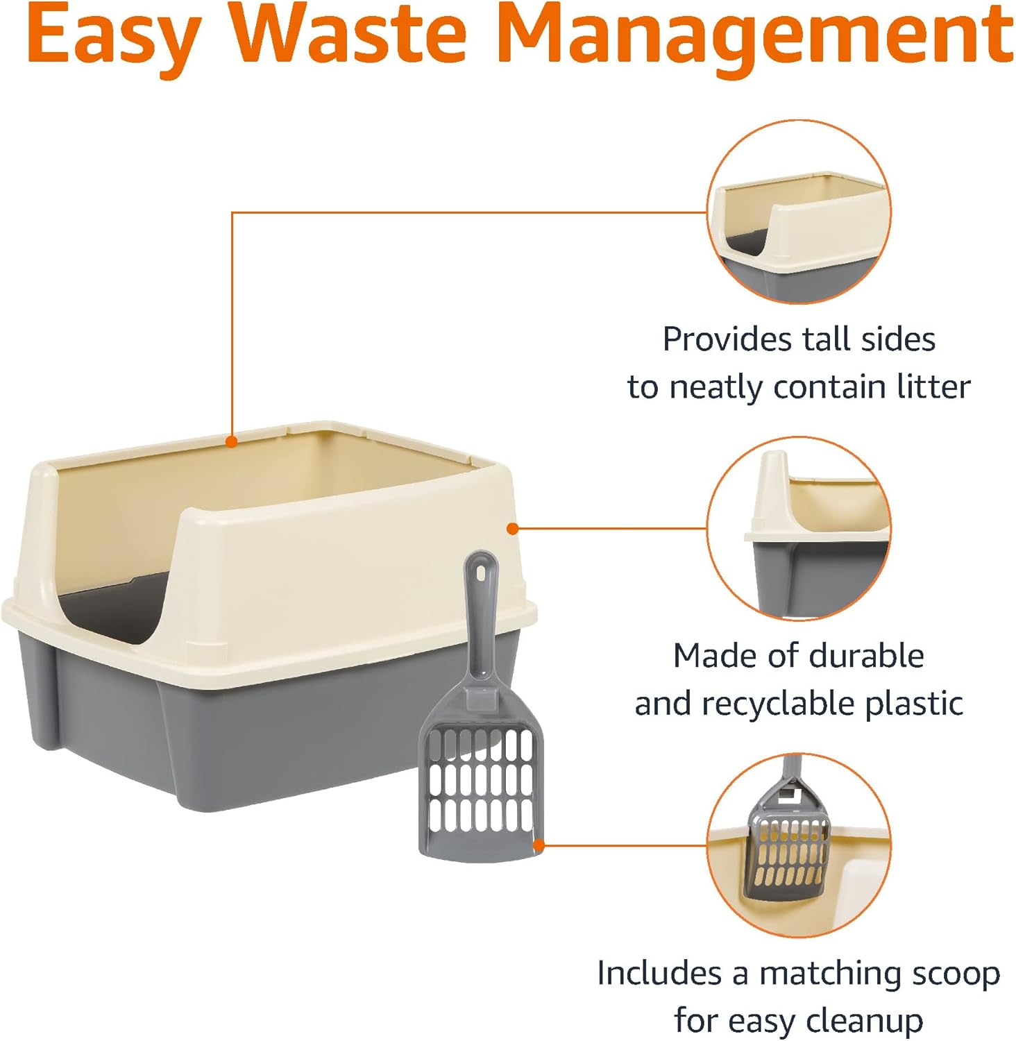 Large Cat Litter Box with High Sides, Open Top, Includes Scoop, 19 x 15 x 11.75 inches, Grey/Beige