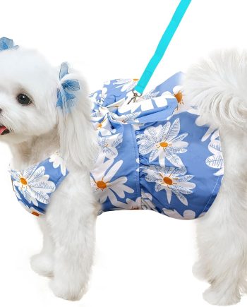 Cute Dog Dress Small Dog Clothes for Girls Female Puppy Outfits Blue Daisy Pet Summer Clothes Bowknot Doggy Cat Princess Dress Harness Set for Holiday Birthday Party Costume Clothing (Blue,L)