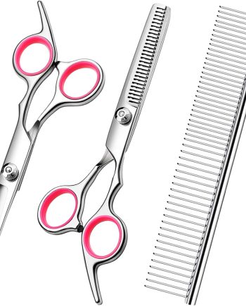 Dog Grooming Scissors with Safety Round Tips Stainless Steel Professional Dog Grooming Kit - Thinning, Curved Scissors and Comb for Cat Pet (Pink 4 in 1)