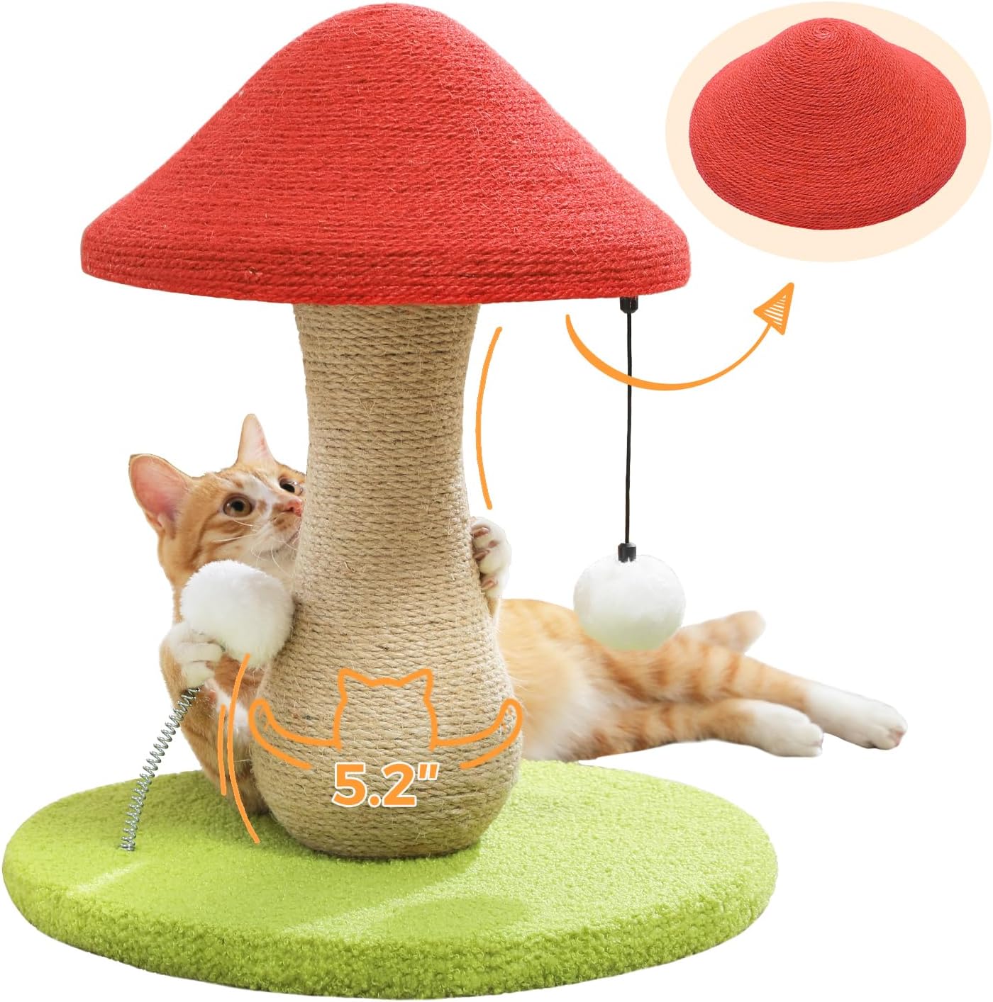 Mushroom Cat Scratching Post, Cat Scratcher Cute with 100% Sisal Covered Scratching Post & Pompoms Toy, Mushroom Cat Post for Indoor Cats