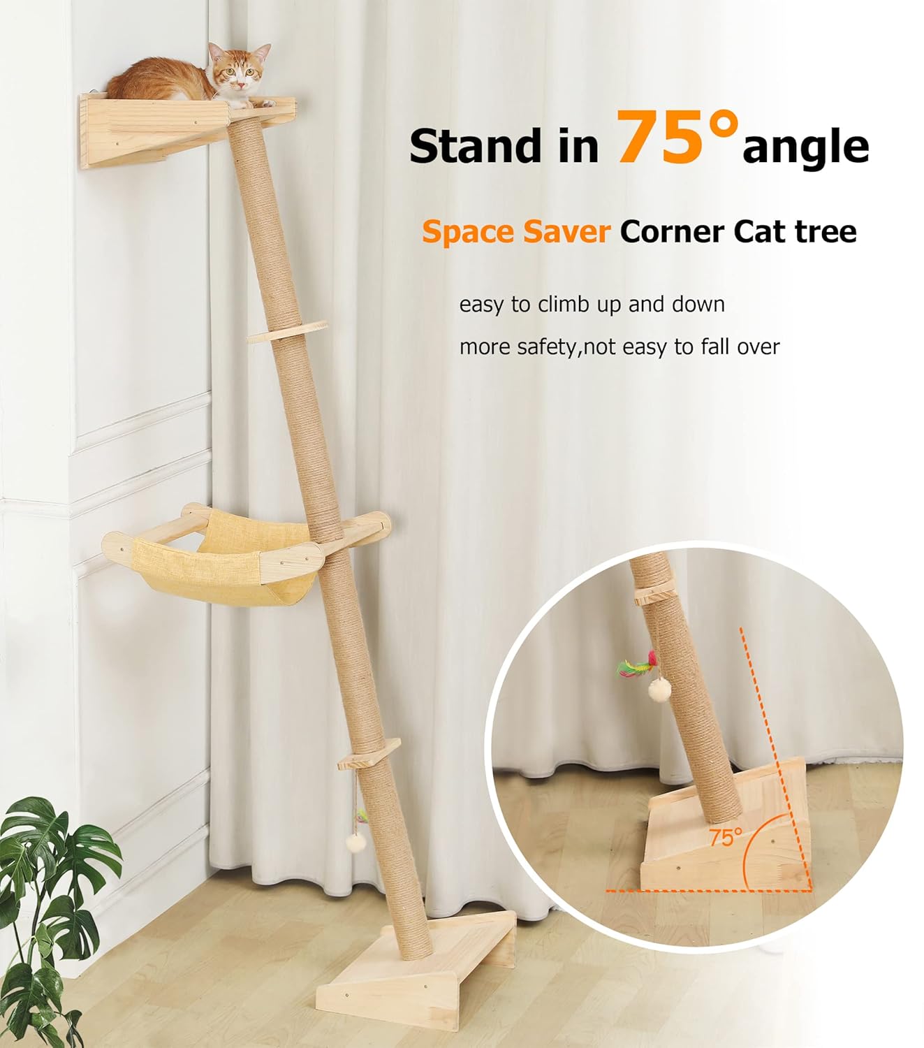 Wall Cat Tree with Hammock, 76" Tall Cat Wall Furniture Lean Against Wall Cats Climbing Tower for Active Indoor Climbers with Simply Suctions to Window