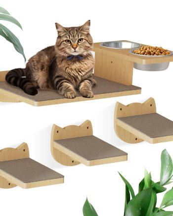 Cat Wall Shelves, Wood Wall Furniture with 3 Steps, Cat Feeding Shelf with 2 Food Bowls, Wooden Bed Furniture Wall Mounted
