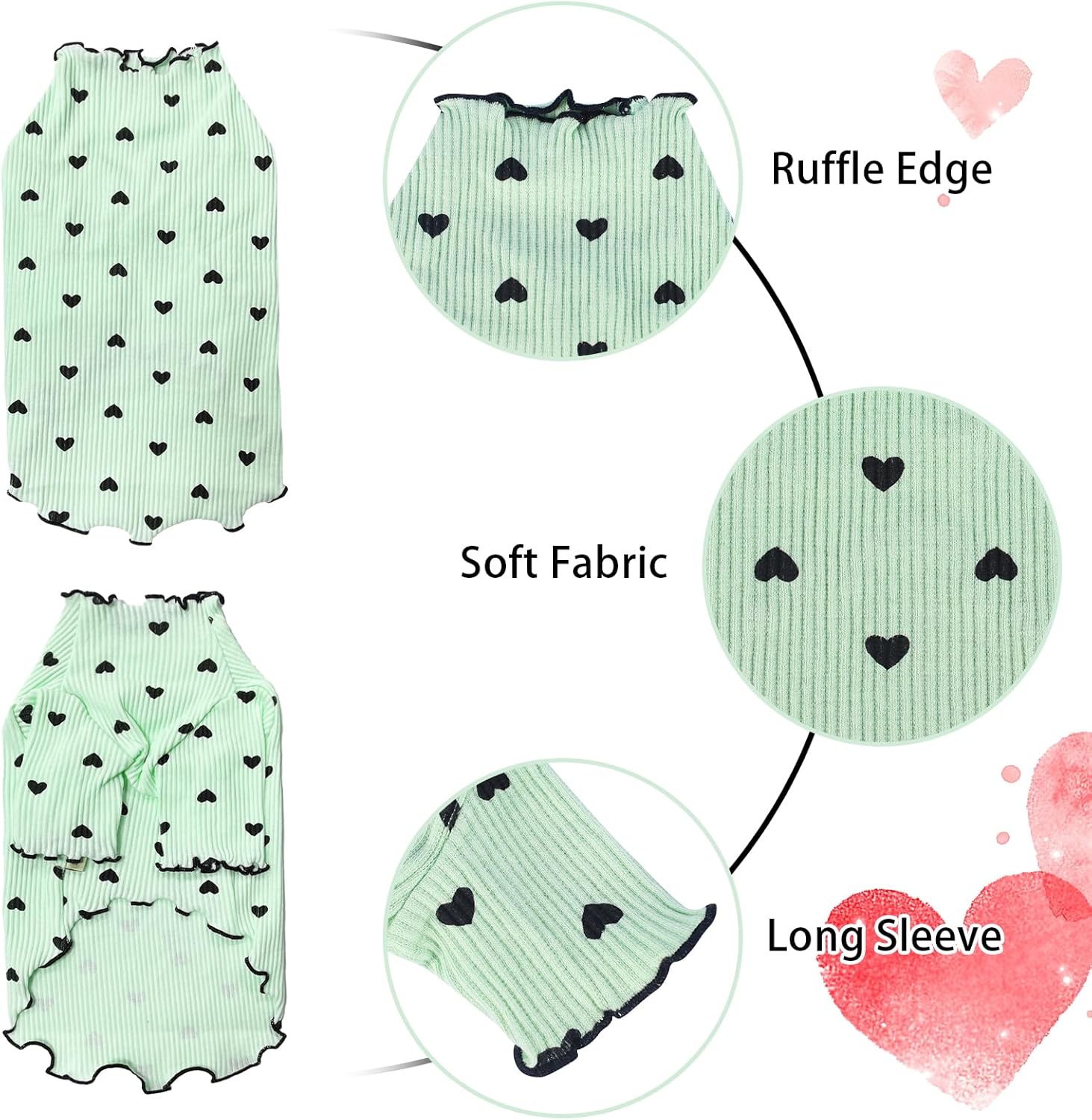 Pet Clothes for Small Dogs Cat Summer Fall Heart Print Shirt Stretchable Ruffle Long Sleeve Outfits for Chihuahua Schnauzer Shih Tzu Yorkie (Green, Medium)