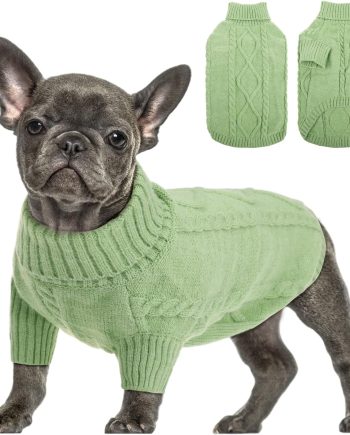 Small Dog Pullover Sweater, Cold Weather Cable Knitwear, Classic Turtleneck Thick Warm Clothes for Chihuahua, Bulldog, Dachshund, Pug, Yorkie (Green, Small)