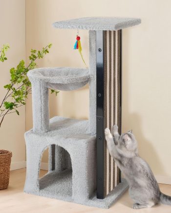 Small Cat Tree for Indoor Cats, 33.1-Inch Sturdy Cat Tower with Replaceable Metal Frame Scratch Pad, Cat Scratching Board with Condo, Hammock, Perch for Kittens