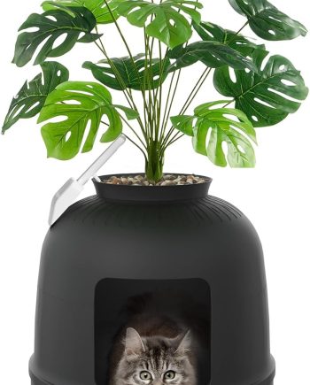 Litter Box Cat with Faux Plant & Scoop, Hidden Enclosure Litter Tray with Odor Control & Carbon Filter in Living Room, Bedroom, Corner, Black