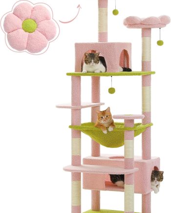 Cat Tree, 72 Inches Large Cat Tower with Steel Frame Hammock and 7 Scratching Posts, Tall Cat Tree with 2 Condos and Perches for Large Indoor Cats - Pink