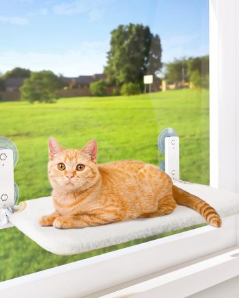 Cordless Cat Window Perch, Cat Hammock for Wall with 4 Strong Suction Cups, Solid Metal Frame and Reversible Cover, Foldable Cat Beds for Indoor Cats (Medium-White)