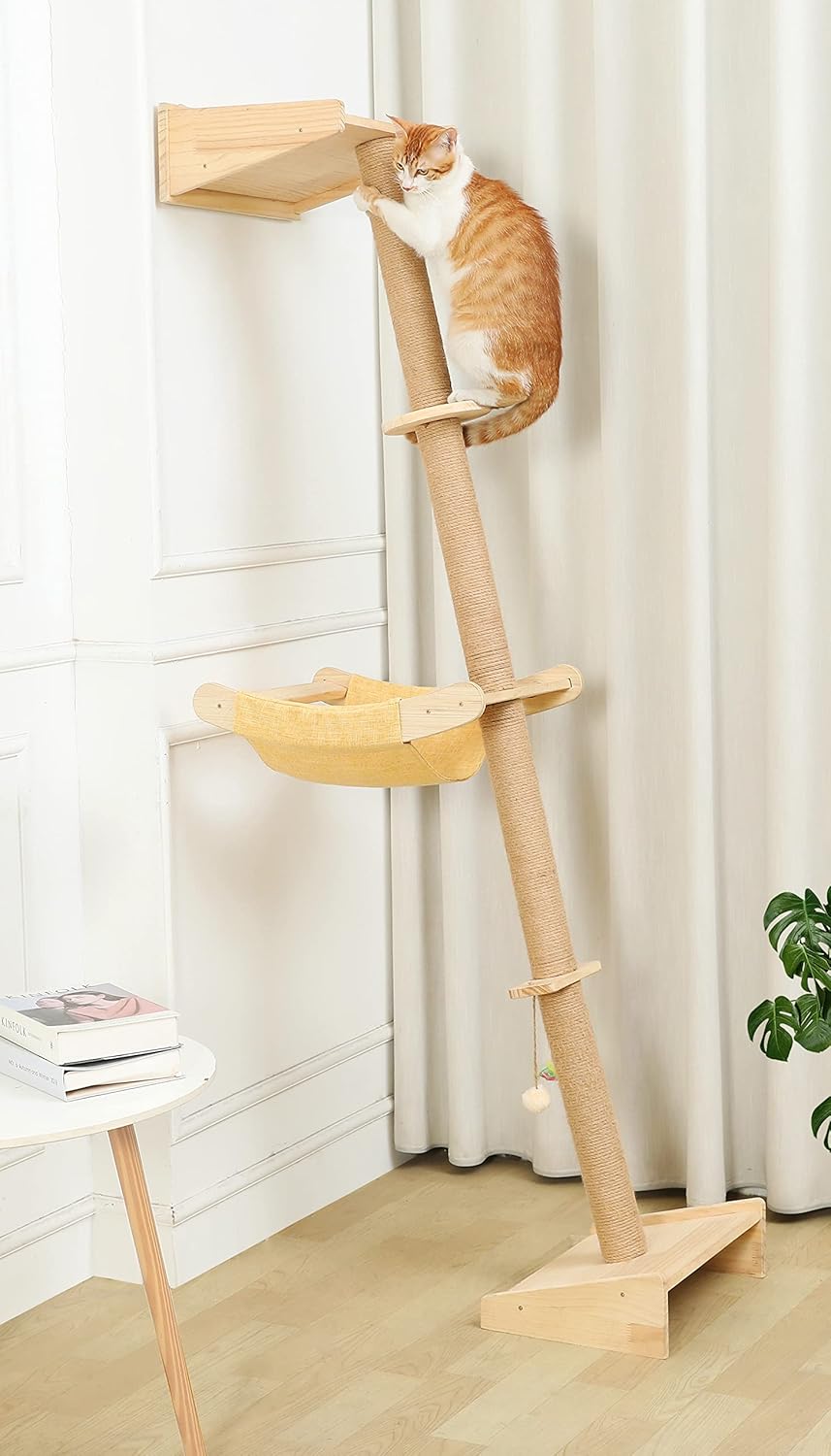 Wall Cat Tree with Hammock, 76" Tall Cat Wall Furniture Lean Against Wall Cats Climbing Tower for Active Indoor Climbers with Simply Suctions to Window