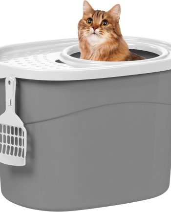 Cat Litter Box, Large Top Entry with Litter Catching Lid and Scoop, Dog Proof, Enclosed Cat Litter Box, Gray/White