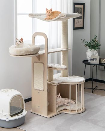Wood Cat Tree for Indoor Cats, 55 Inch Multi-Level Cat Tower Activity Center with Hammock, Cat Condo, Sisal Scratching Posts & Washable Cushions, Modern Cat Tree Houses for Large Cats